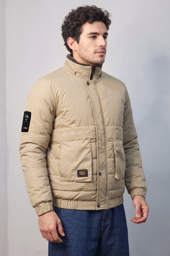 Cream Quilted Puffer Jacket with Sherpa Collar Full-Zip Winter Jacket