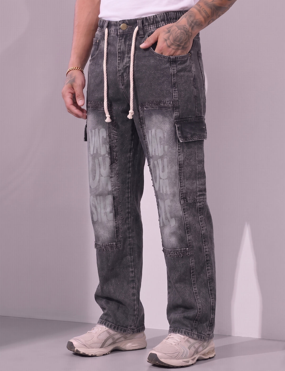 Dark Blue Men Elastic Typographic Cargo Pant