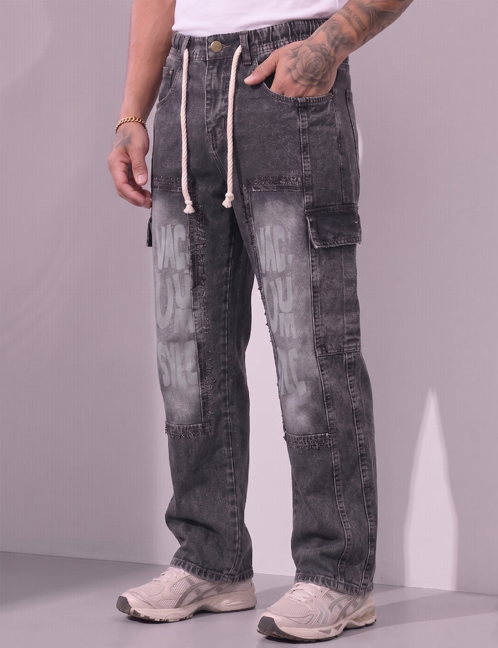 Dark Blue Men Elastic Typographic Cargo Pant