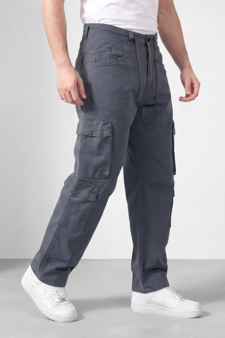 Grey Mens Solid 8-Pocket Cotton Cargo Pant