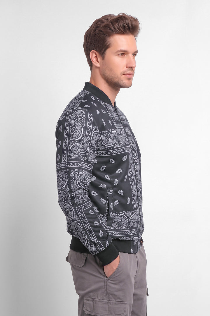 Black Digital Printed Regular Fit Bomber Jacket
