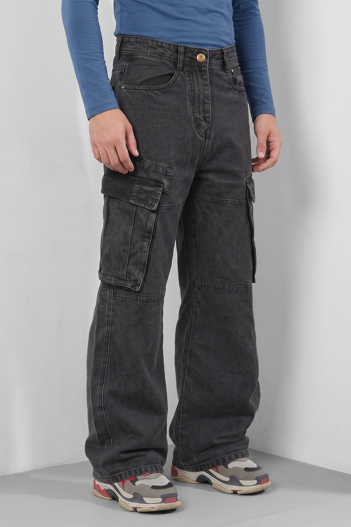 Dark Grey Baggy Denim Cargo with Multi-Pocket Utility Design