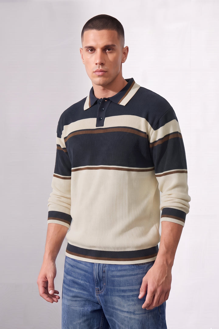 Navy White Men Regular Fit Flat Knit Striped Polo Neck Pullover