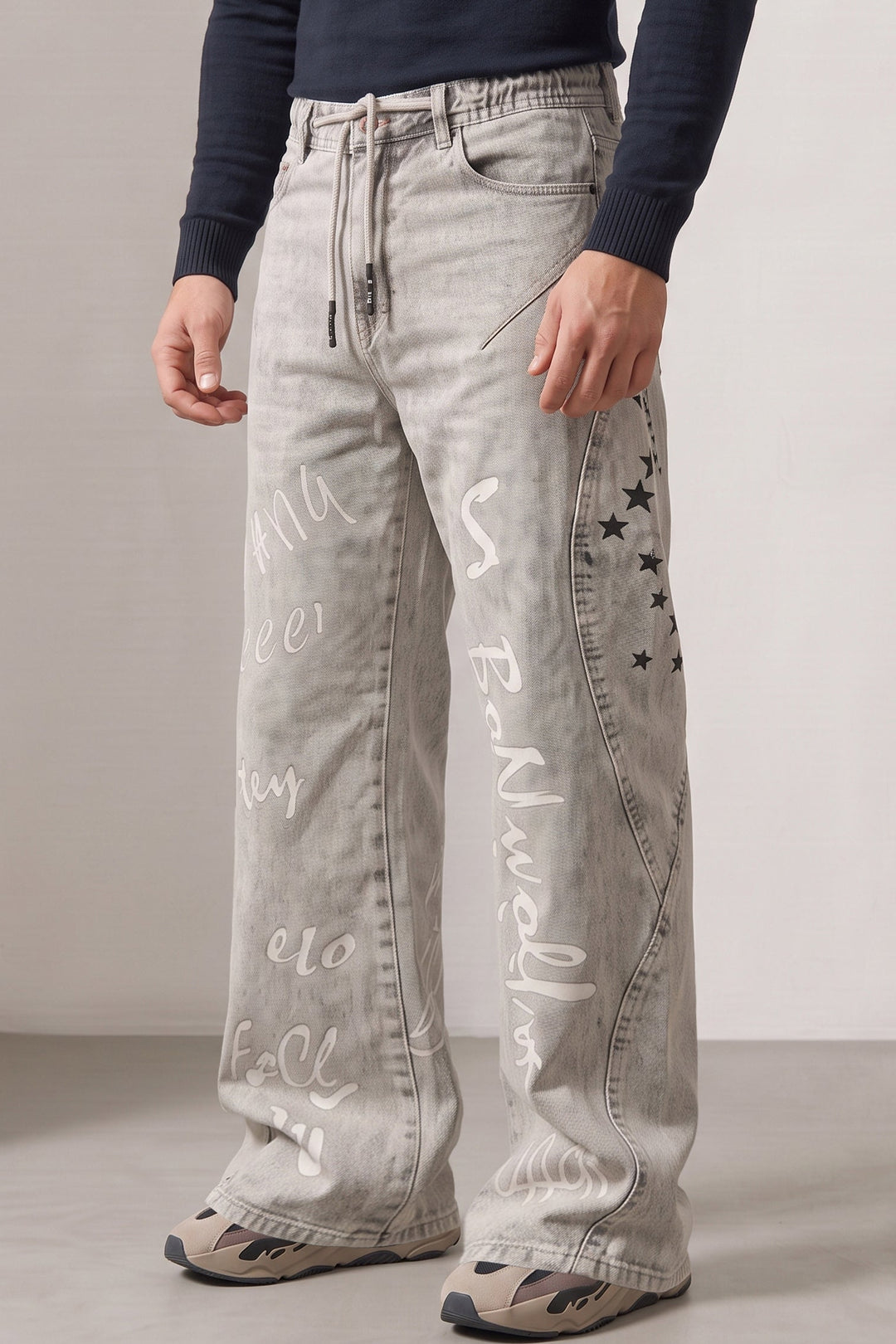 Light Grey Typographic Barrel Denim Jeans with Contrast Drawstring Detail