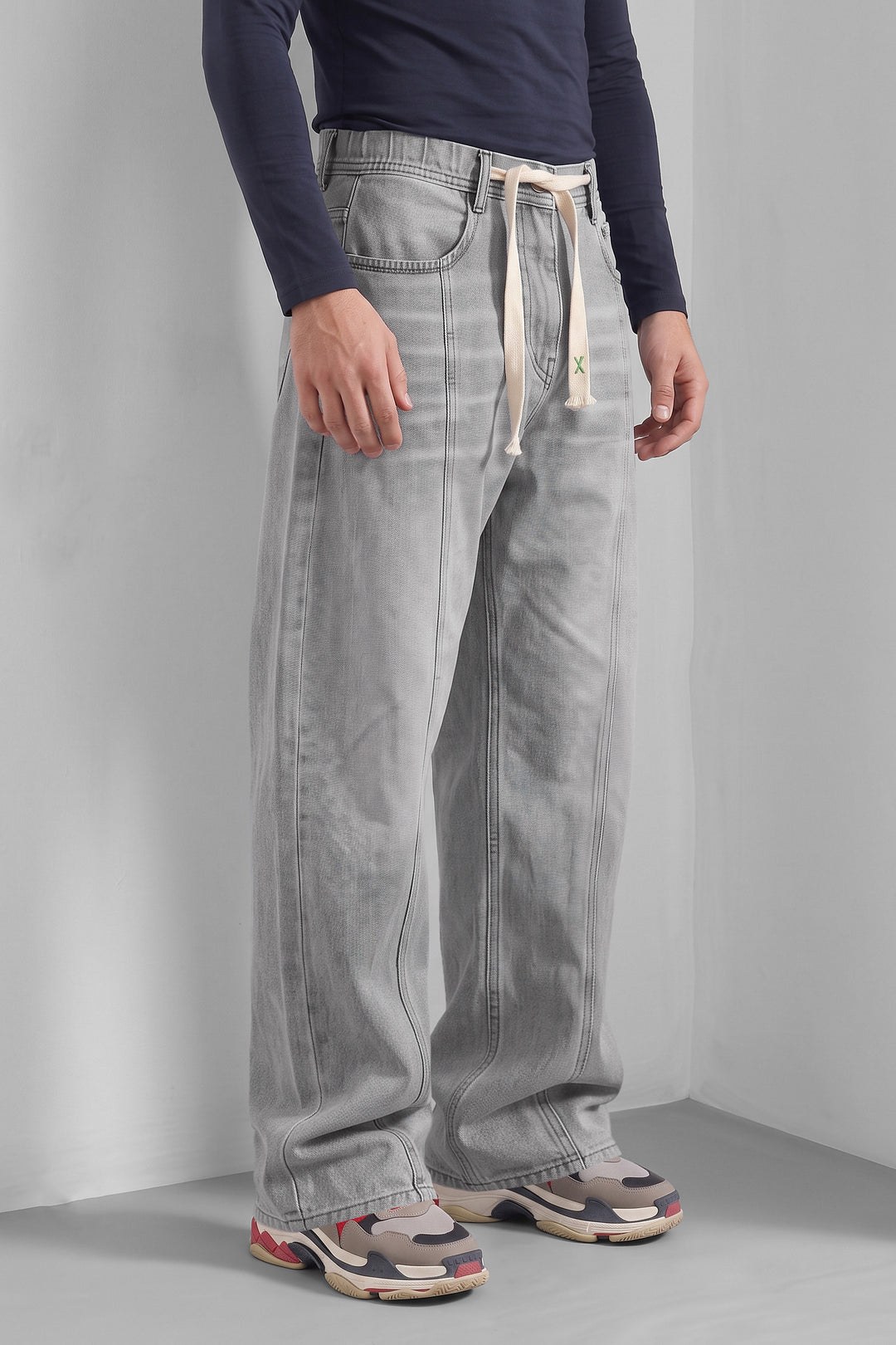 Light Blue Barrel Fit Denim Jeans with Contrast Drawstring Detail