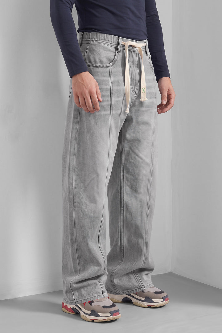 Light Blue Barrel Fit Denim Jeans with Contrast Drawstring Detail