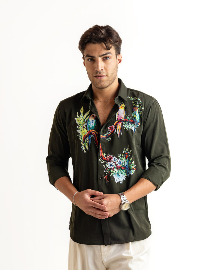 Green Color Bird on Branches Embellished Shirt