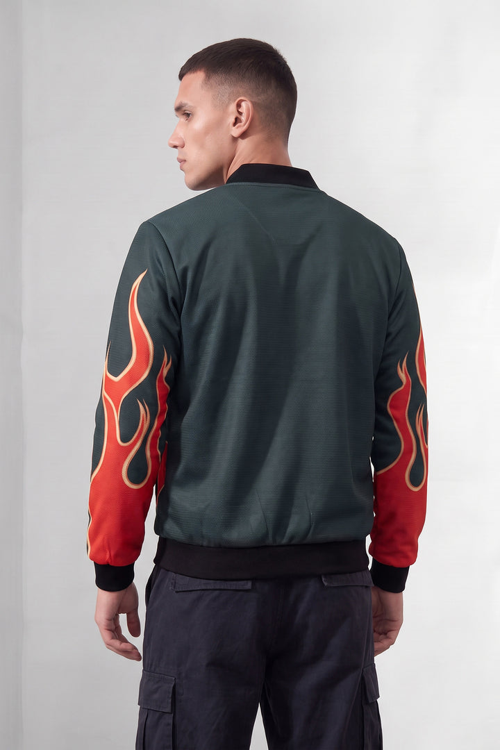 Black Fire Printed Regular Fit Bomber Jacket