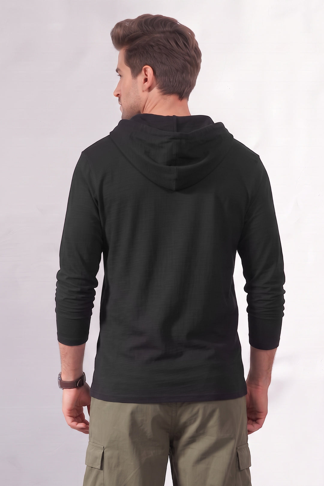 Black Ottoman Placket Hooded T-Shirt