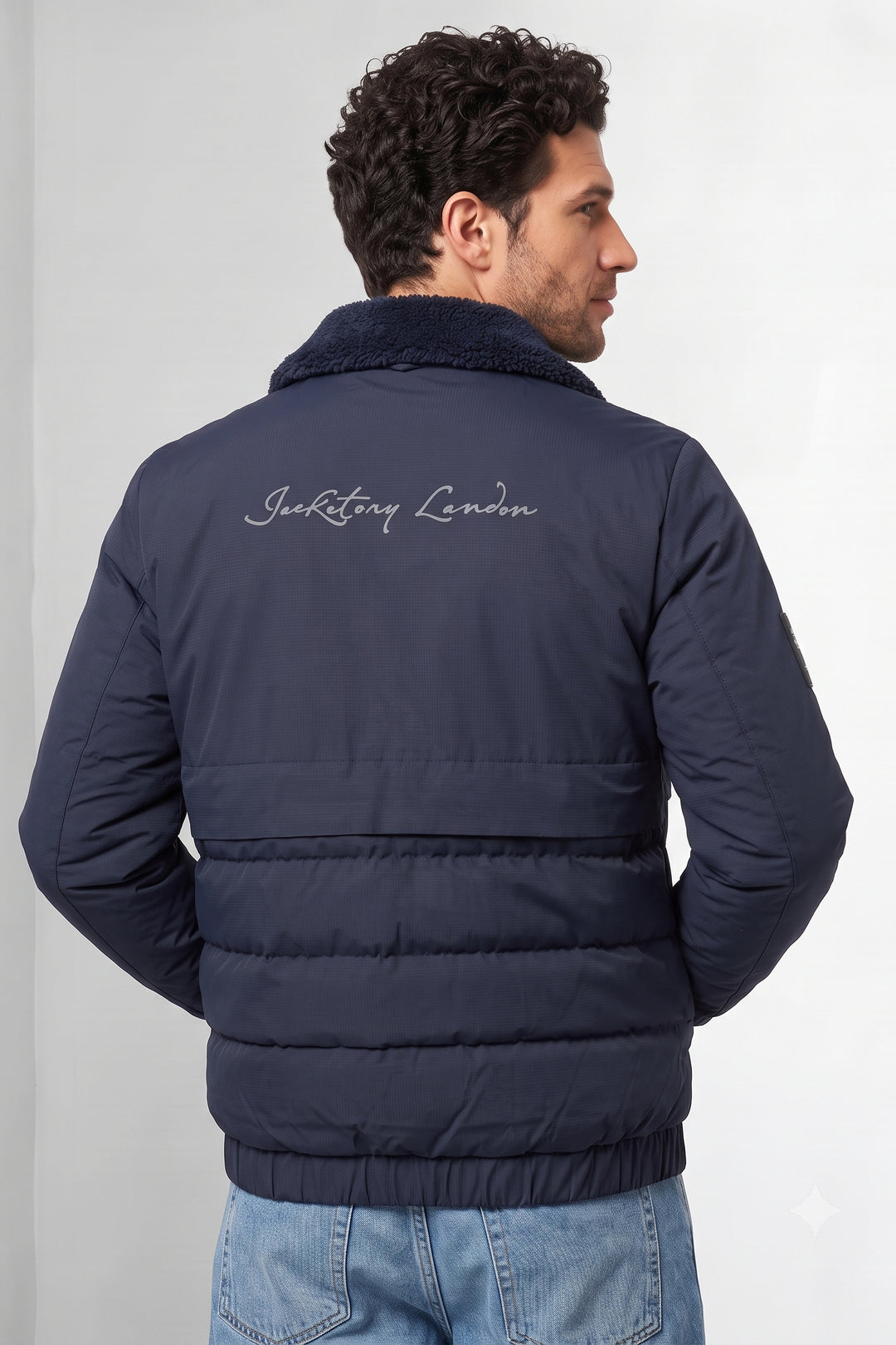 Dark Navy Quilted Puffer Jacket with Fur Collar