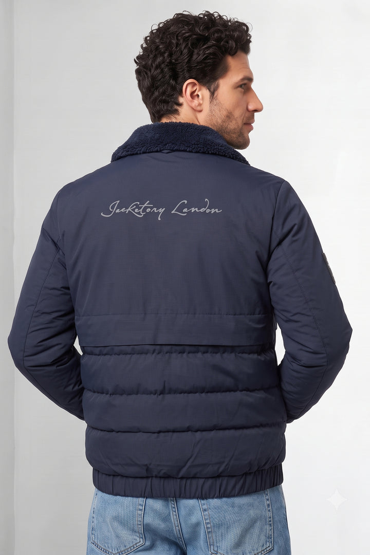 Dark Navy Quilted Puffer Jacket with Fur Collar