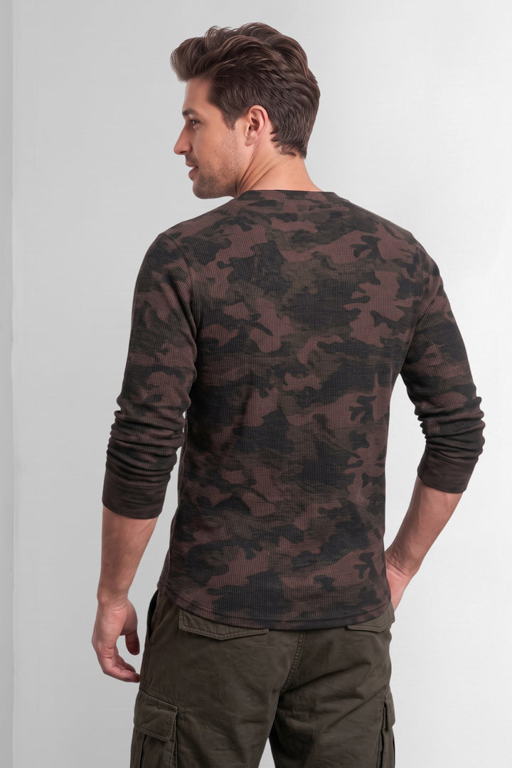 Grey Multi Self Waffle Knit Henley T-Shirt