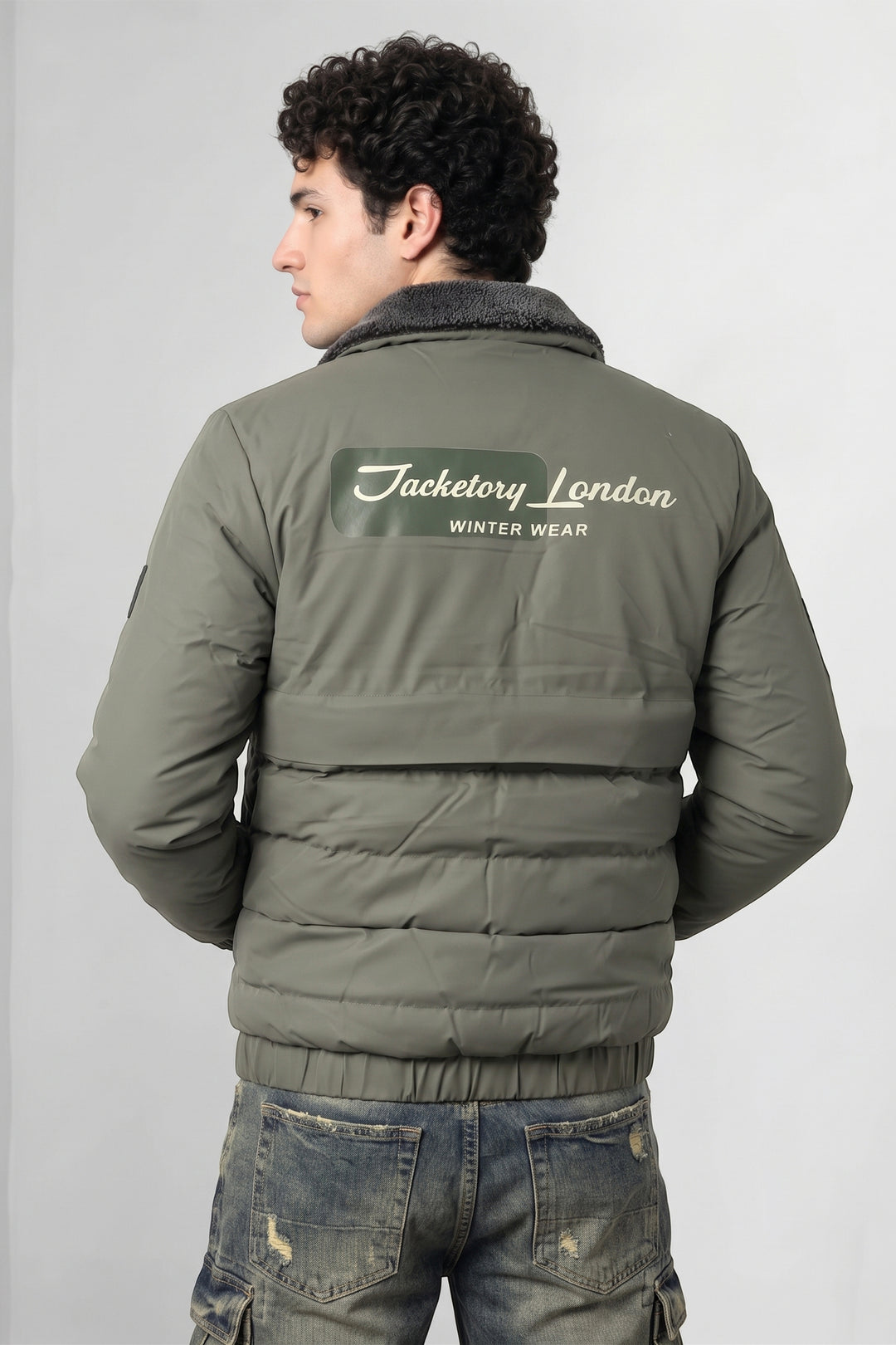 Green Quilted Puffer Jacket with Fur Collar