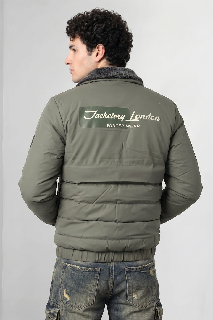 Green Quilted Puffer Jacket with Fur Collar