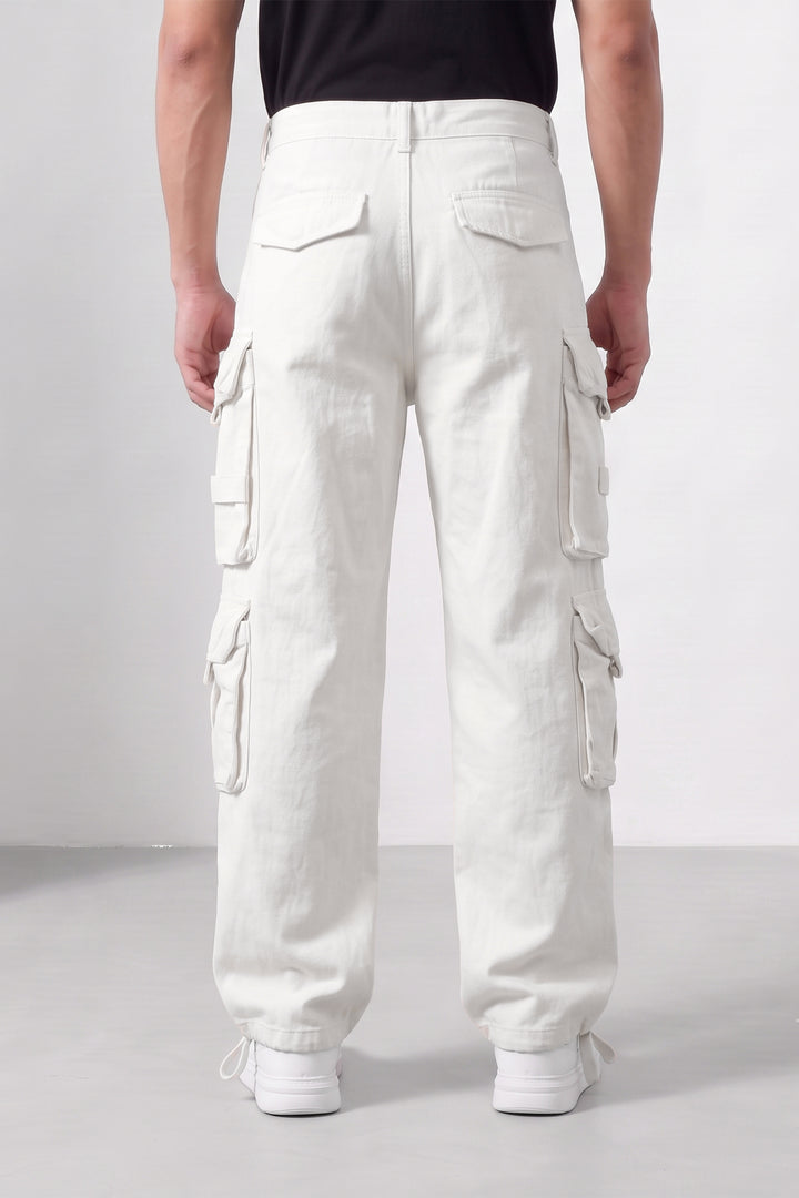 White Mens Solid 8-Pocket Cotton Cargo Pant