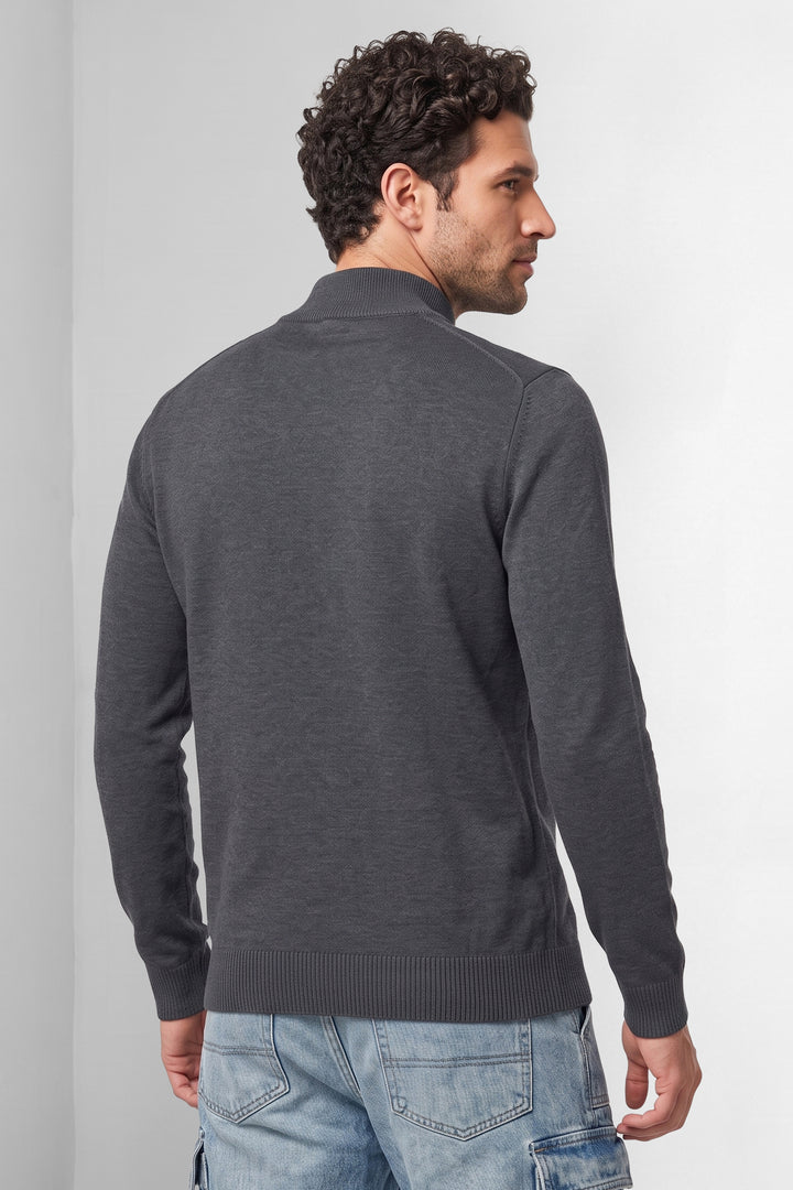 Dark Grey Solid Mock Neck Full Sleeve Fine-Knit Sweater