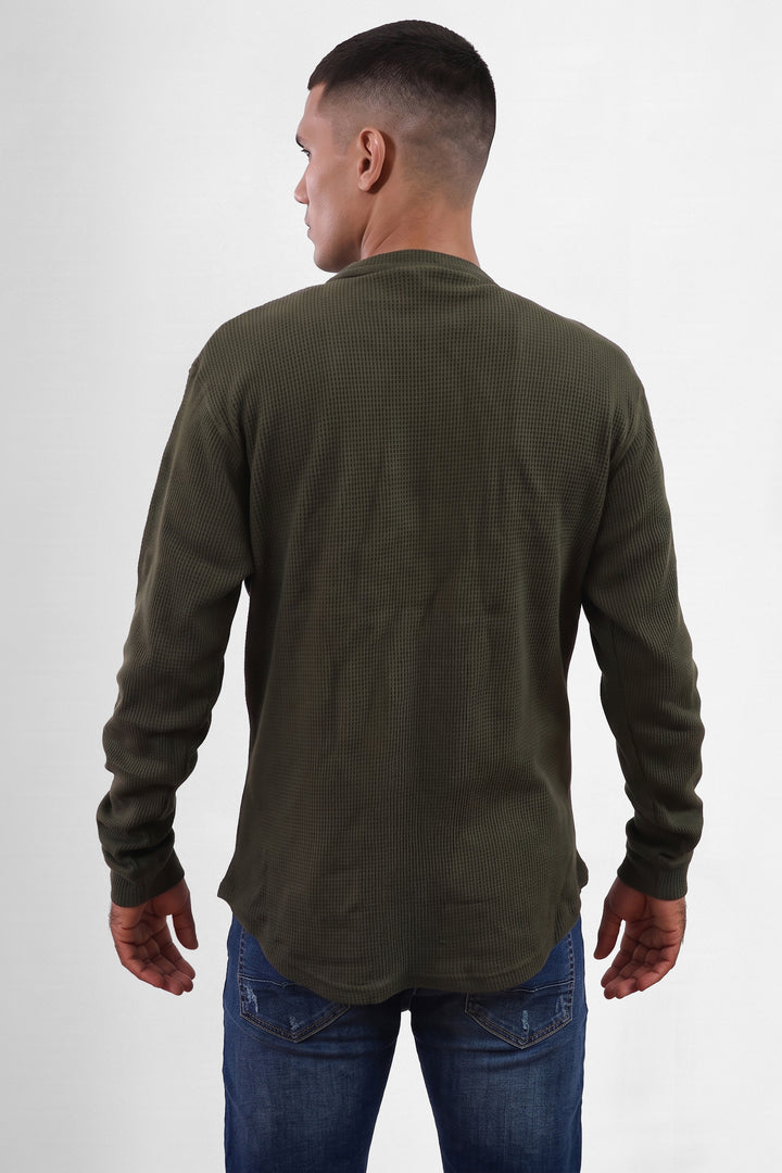 Olive Men’s Waffle Knit Henley T-Shirt | Full Sleeve Textured Casual Top | Button Placket Regular Fit Shirt for Casual & Everyday Wear