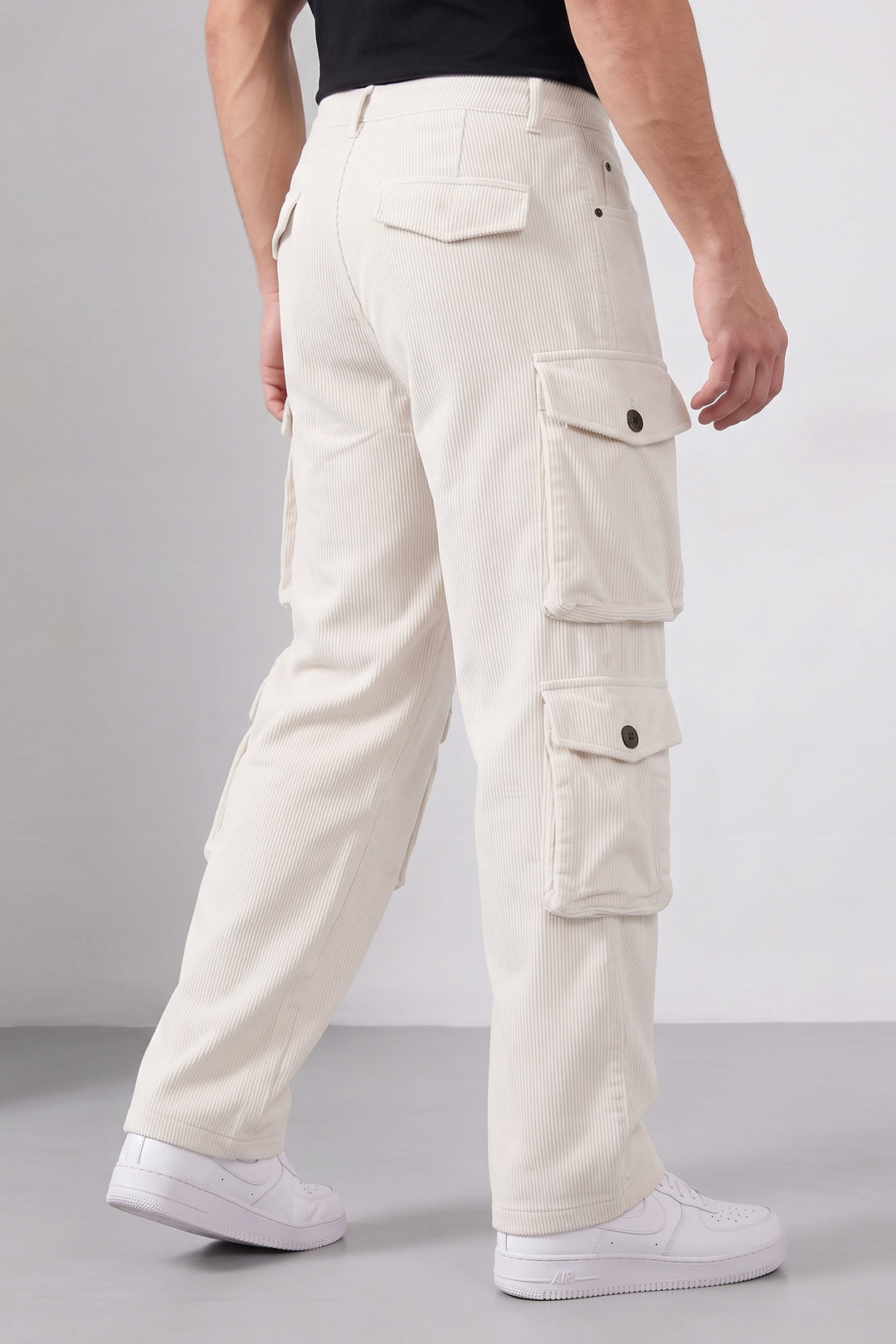 Cream Men 8 Multi Pocket Coudroy Cargos