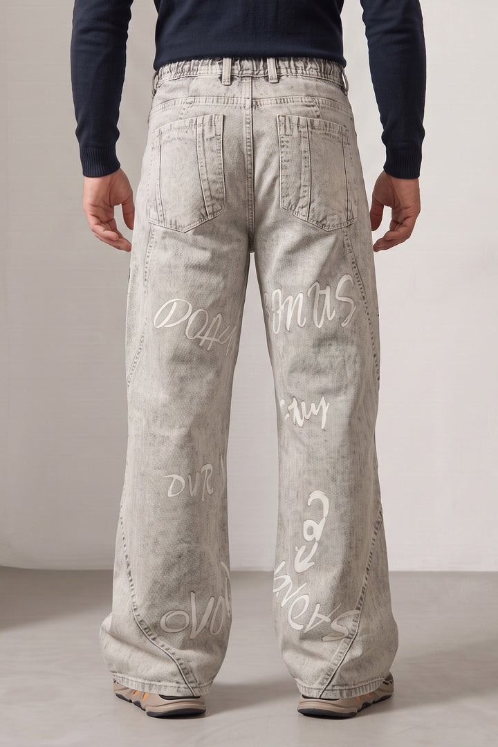Light Grey Typographic Barrel Denim Jeans with Contrast Drawstring Detail