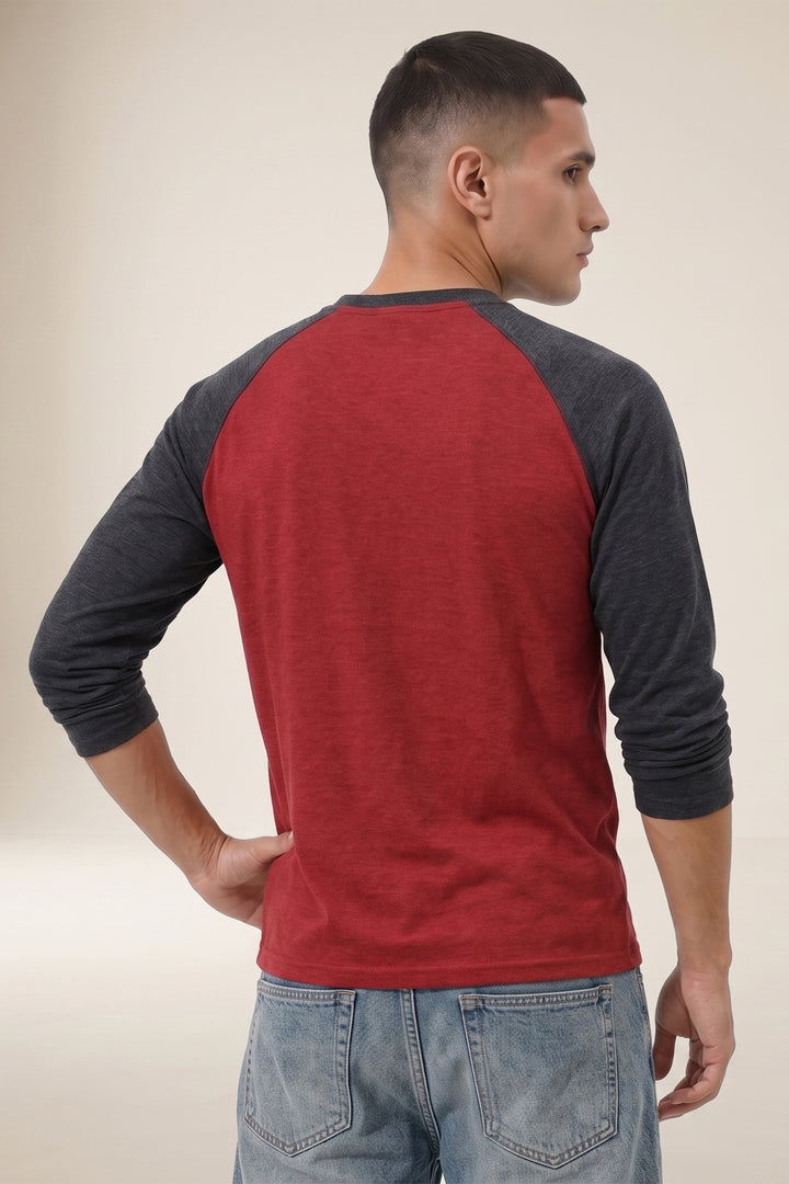 Maroon Full Sleeve Color Blocked Henley T-Shirt