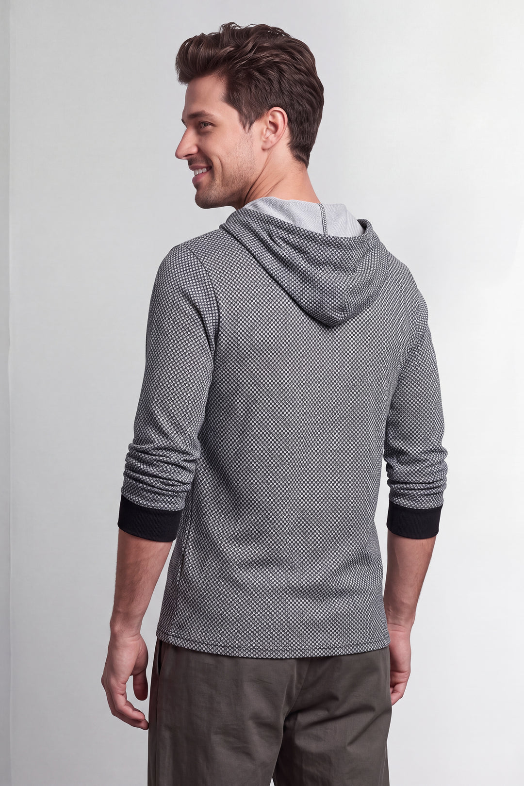 Grey Black Self design Placket Hooded T-Shirt