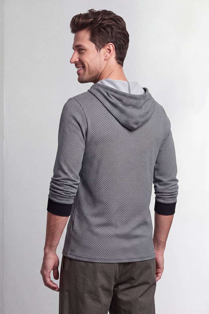 Grey Black Self design Placket Hooded T-Shirt