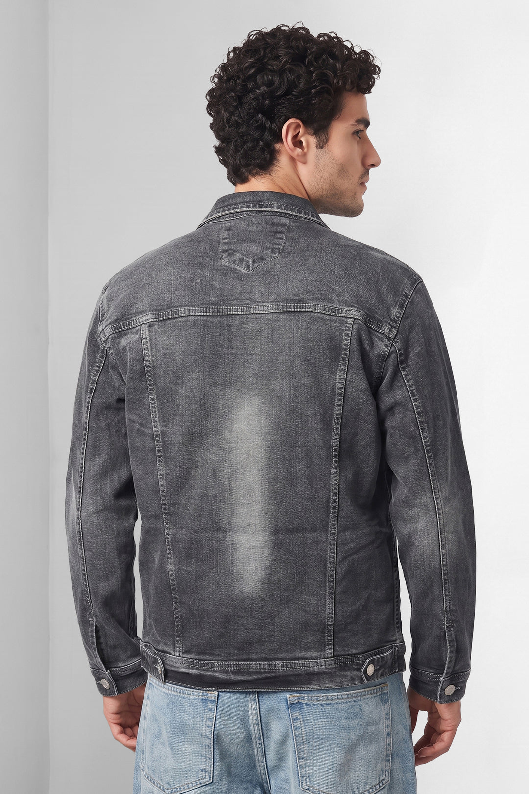 Dark Grey Classic Denim Trucker Jacket with Button Closure