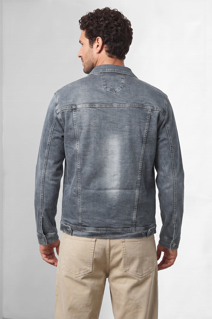 Dark Blue Classic Denim Trucker Jacket with Button Closure