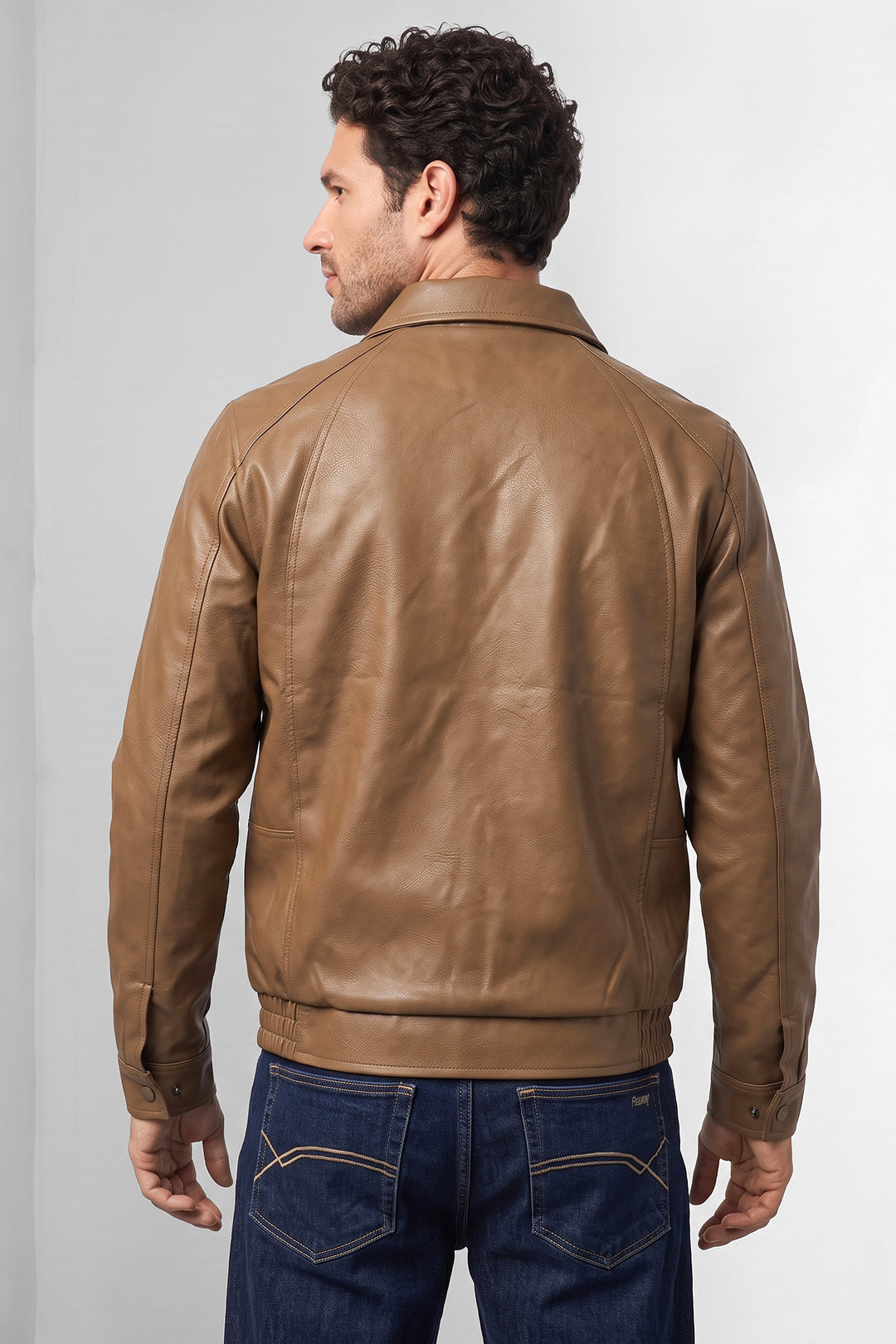 Brown Textured Faux Leather Zip-Front Jacket