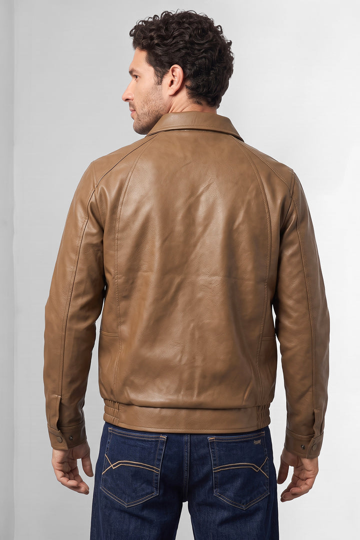 Brown Textured Faux Leather Zip-Front Jacket