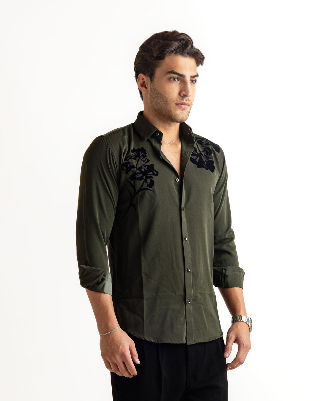 Olive Flocking Flowy Japanese Shirt