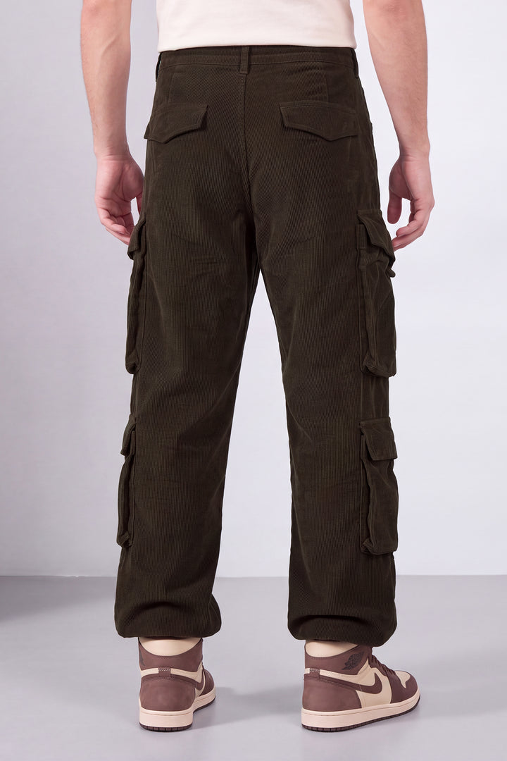 Coffee Brown Men 8 Multi Pocket Coudroy Cargos