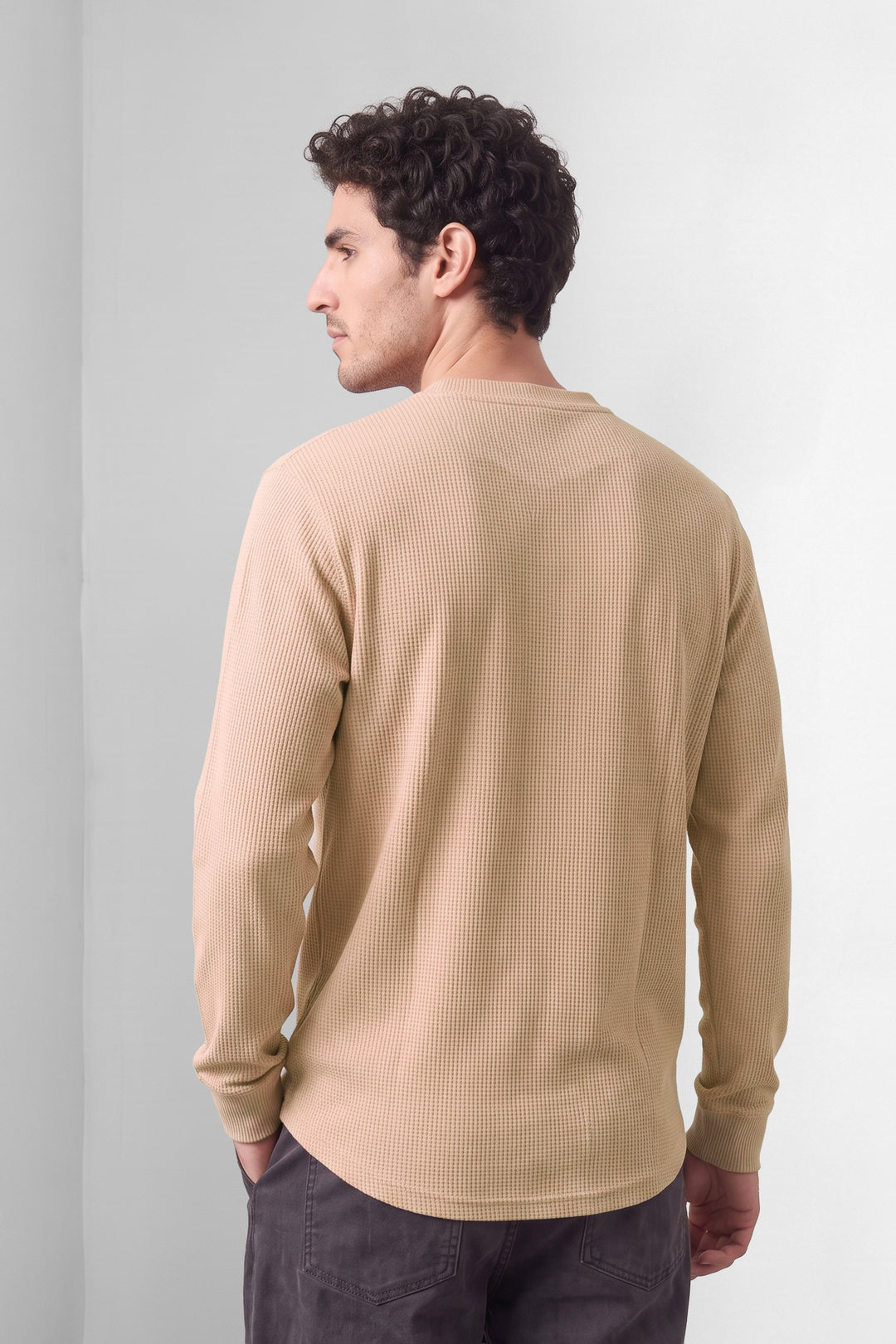 Peach Waffle-Knit Long Sleeve Henley T-Shirt