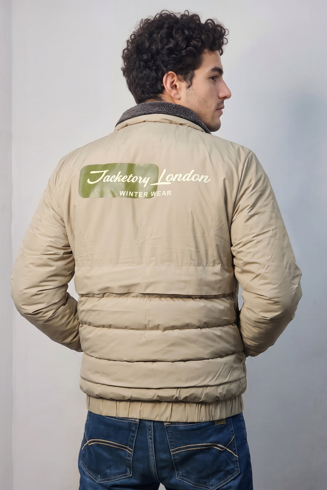 Cream Quilted Puffer Jacket with Sherpa Collar Full-Zip Winter Jacket