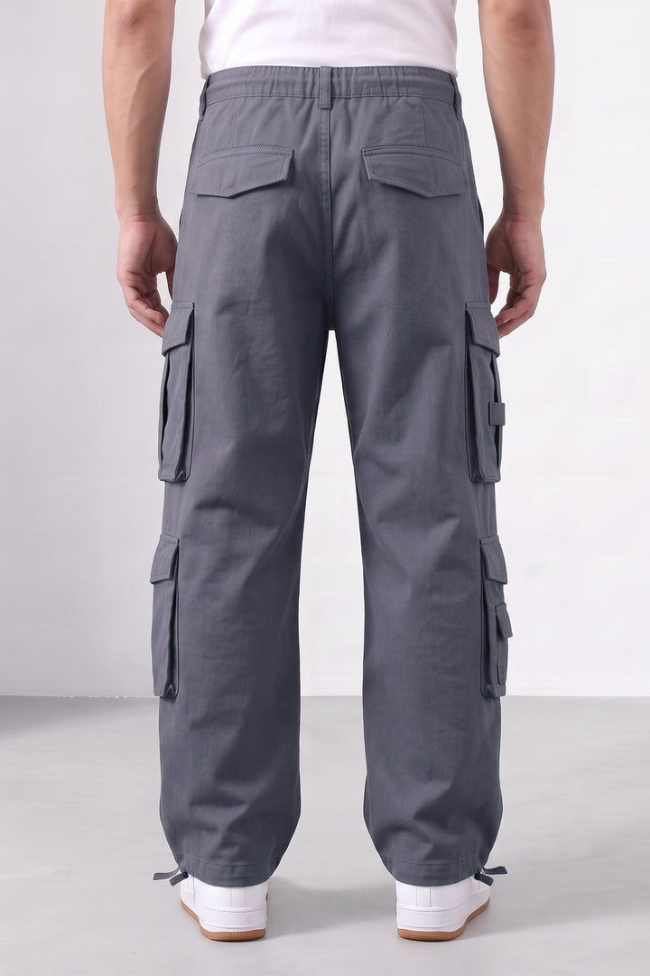 Steel Grey Mens Solid 8-Pocket Cotton Cargo Pant