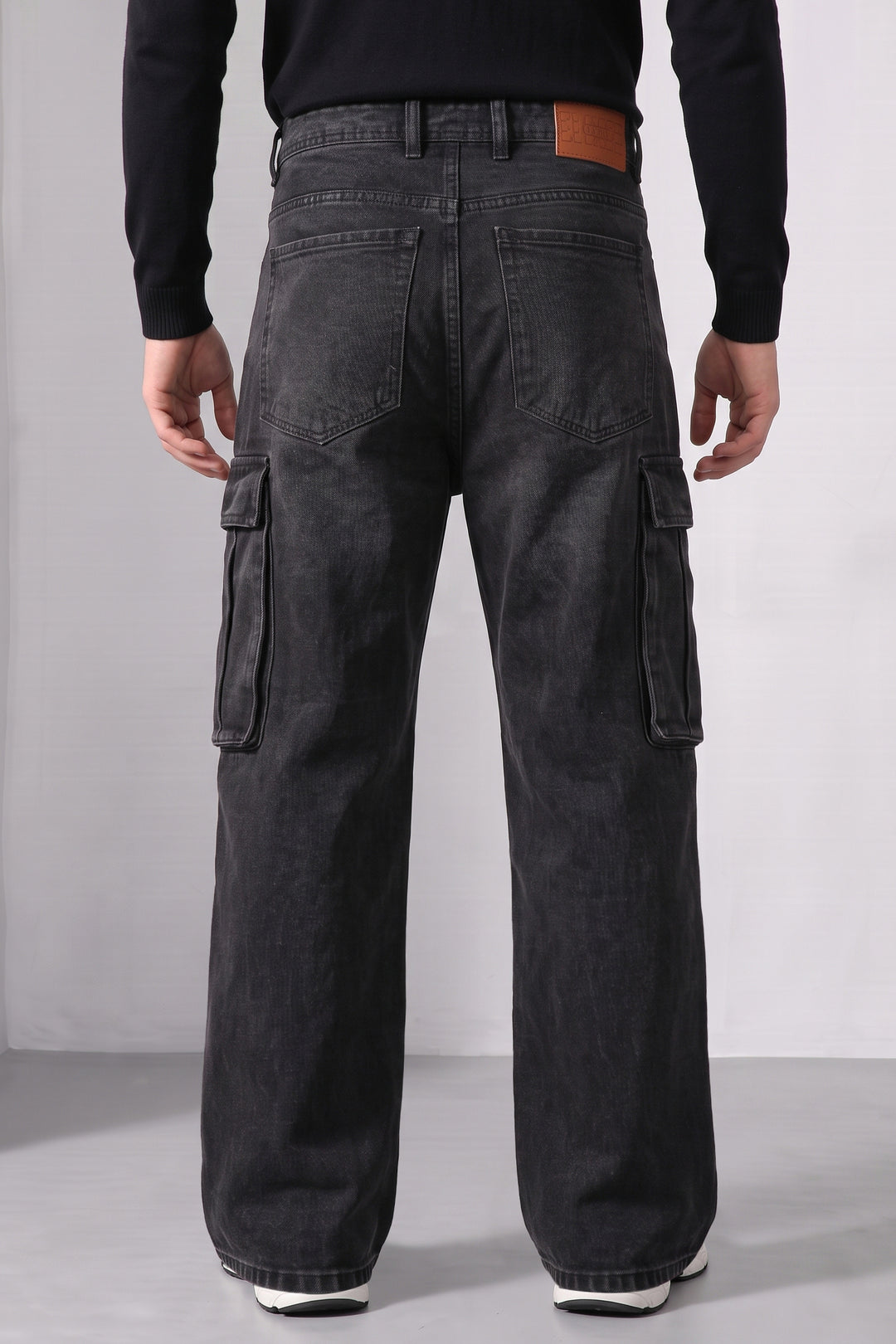 Black Baggy Denim Cargo with Multi-Pocket Utility Design