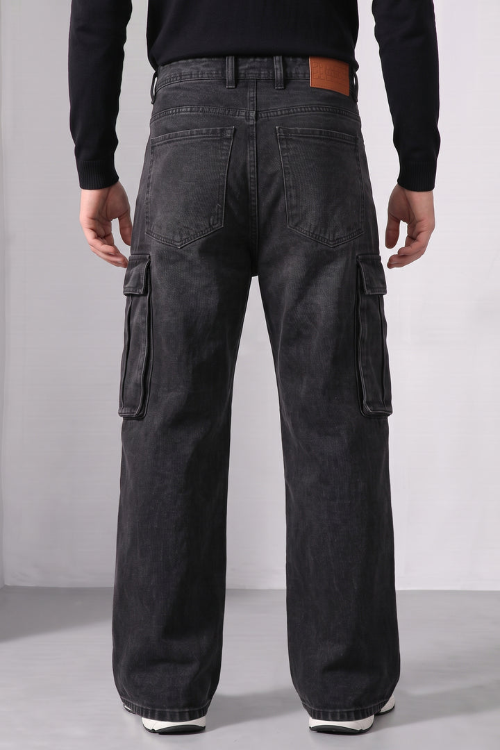 Black Baggy Denim Cargo with Multi-Pocket Utility Design