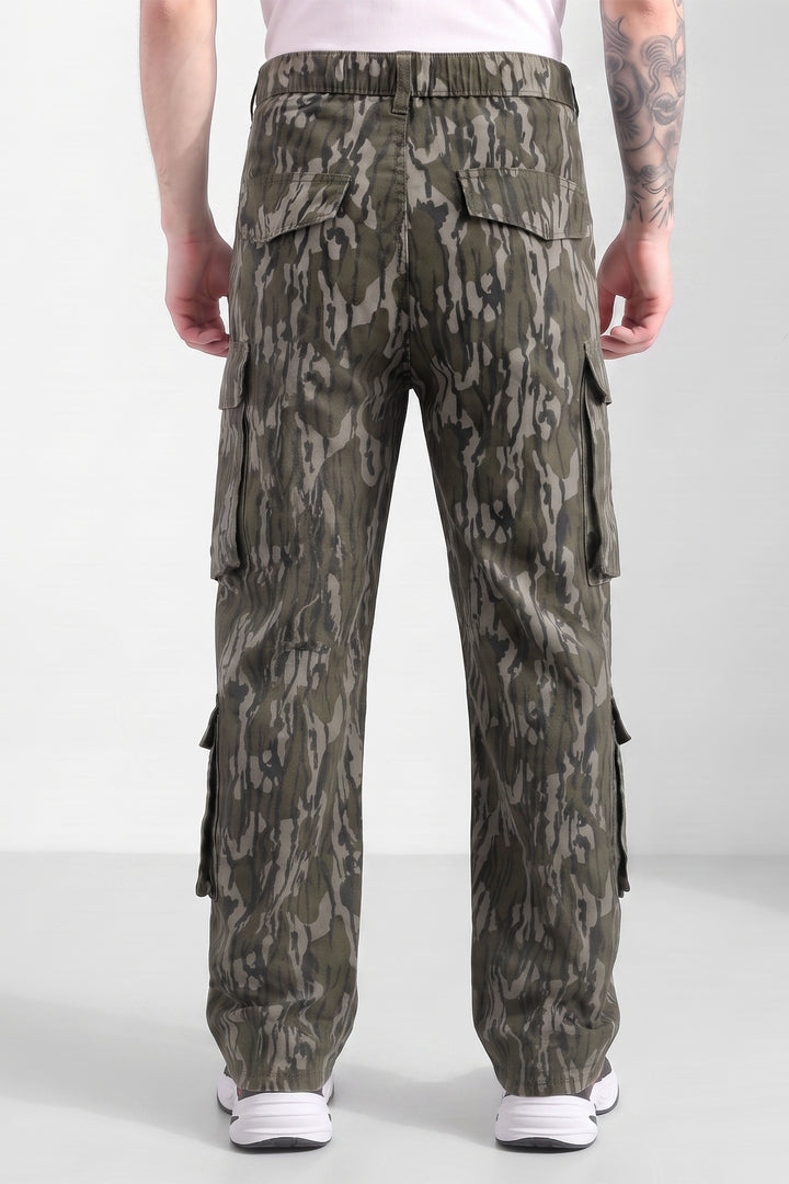 Olive Mens Printed 8-Pocket Cotton Cargo Pant