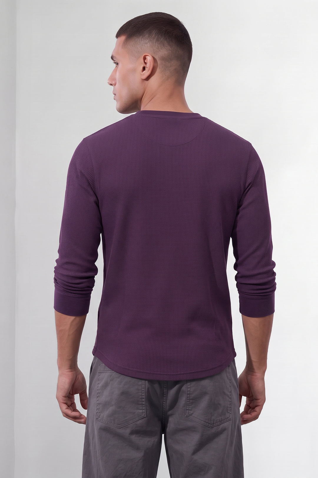 Purple Self Waffle Knit Henley T-Shirt
