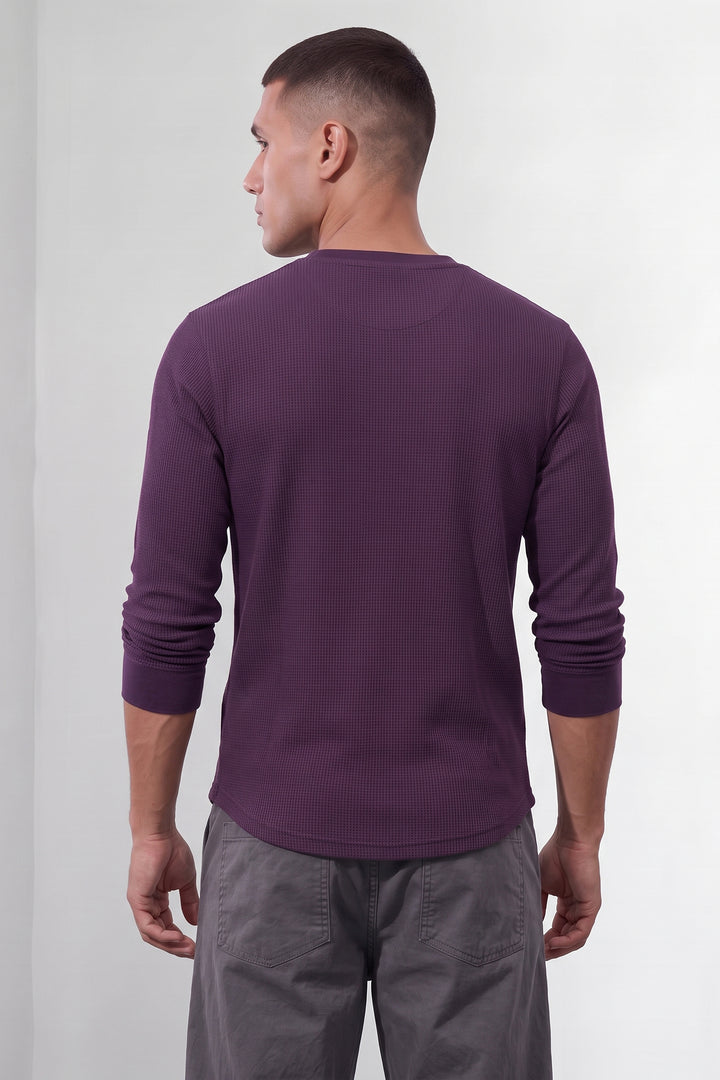 Purple Self Waffle Knit Henley T-Shirt