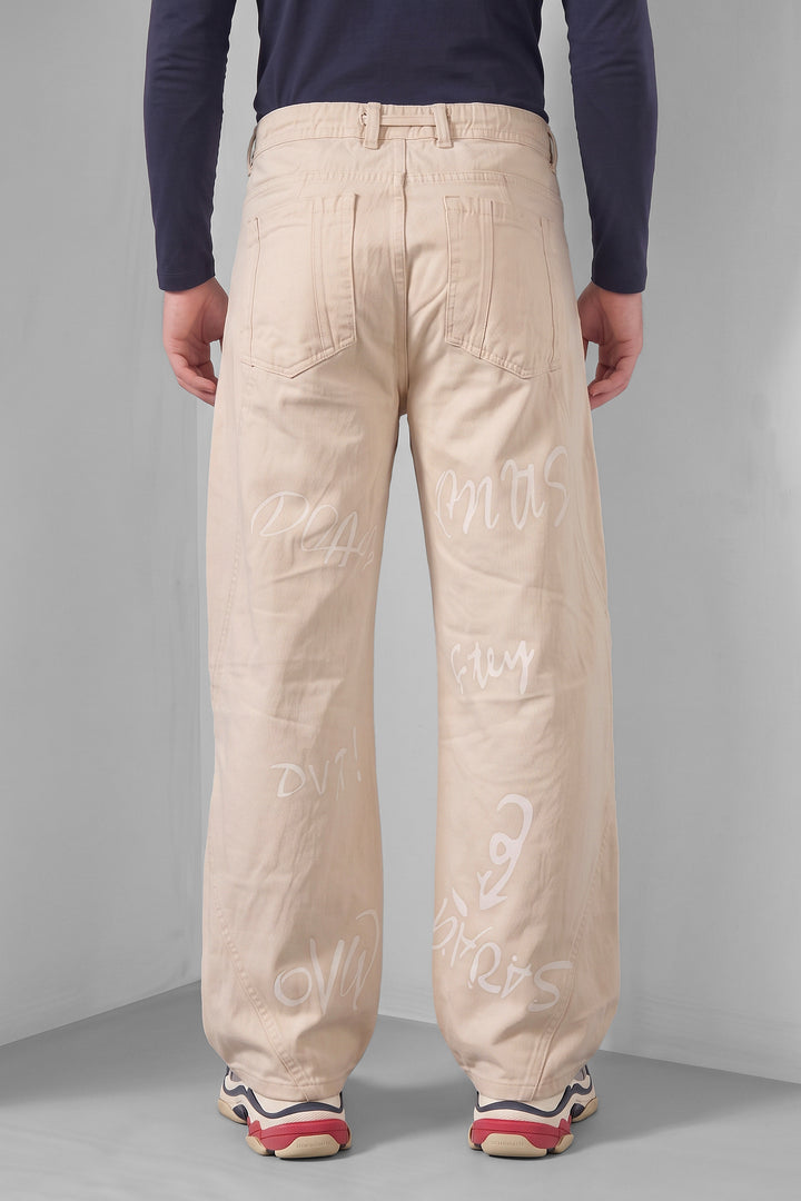 Cream Typographic Denim Jeans with Contrast Drawstring Detail