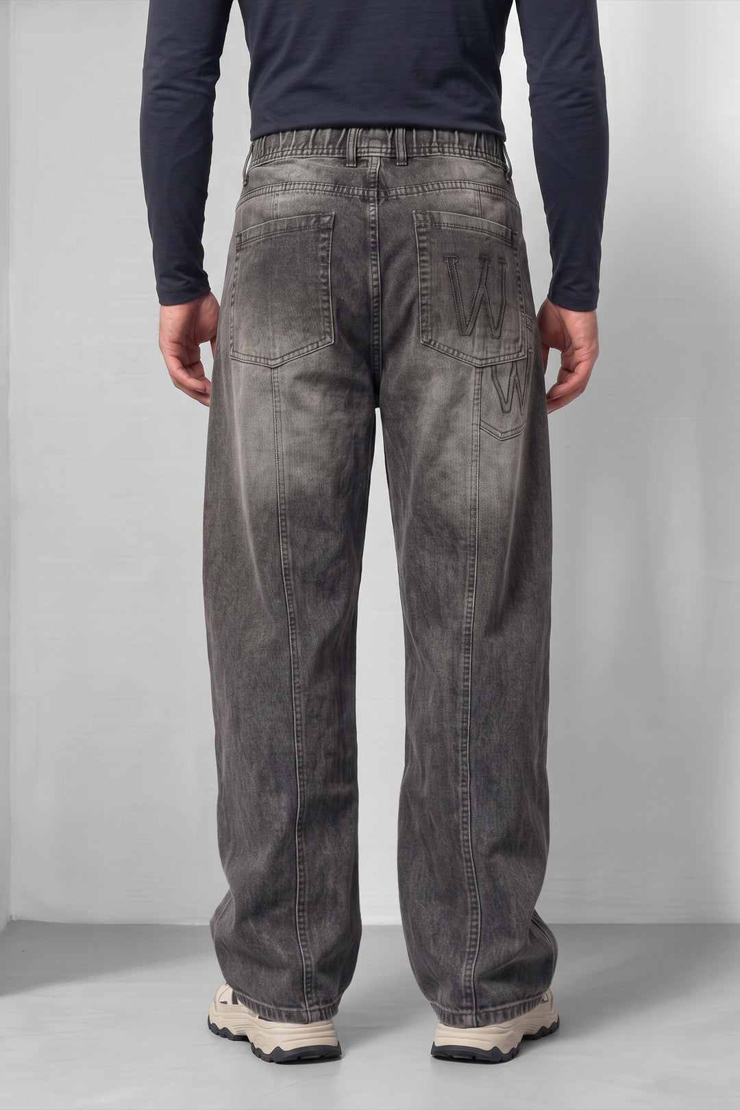 Dark Grey Barrel Denim Jeans with Contrast Drawstring Detail