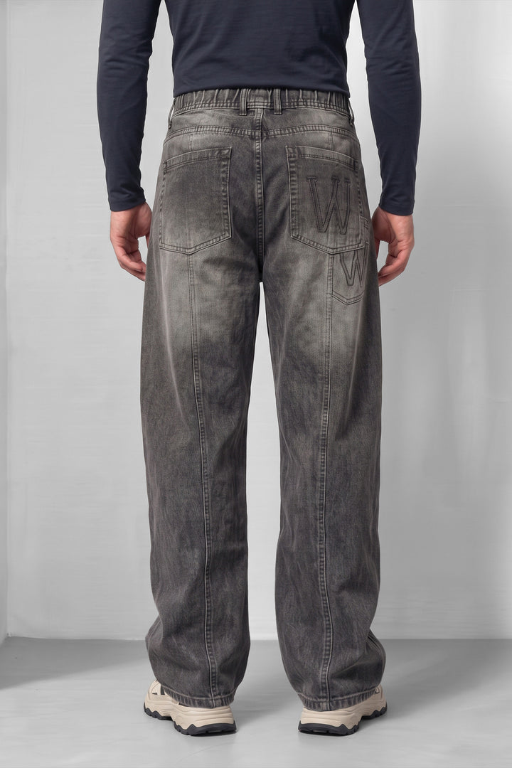 Dark Grey Barrel Denim Jeans with Contrast Drawstring Detail