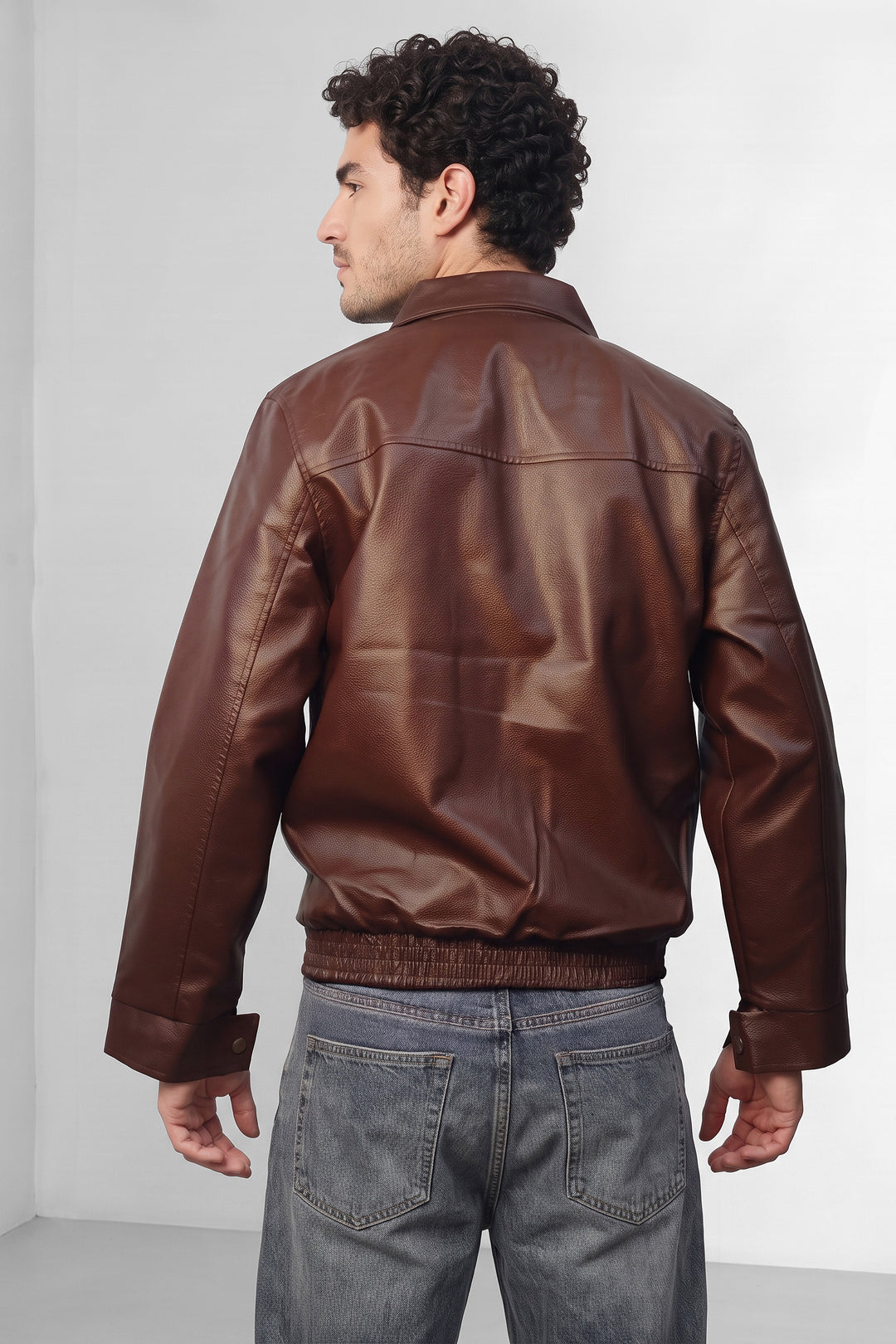 Brown Textured Faux Leather Heavy Jacket