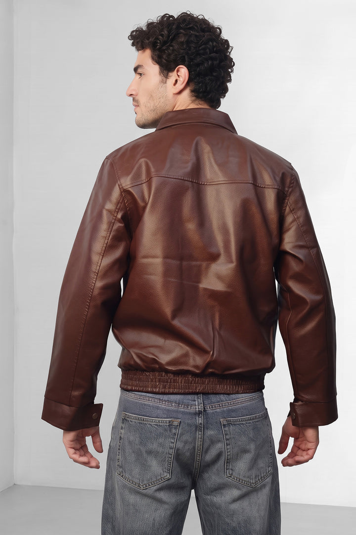 Brown Textured Faux Leather Heavy Jacket