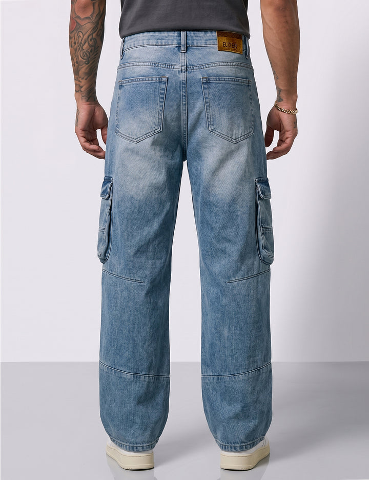 Grey Blue Men Pocket Denim Cargo