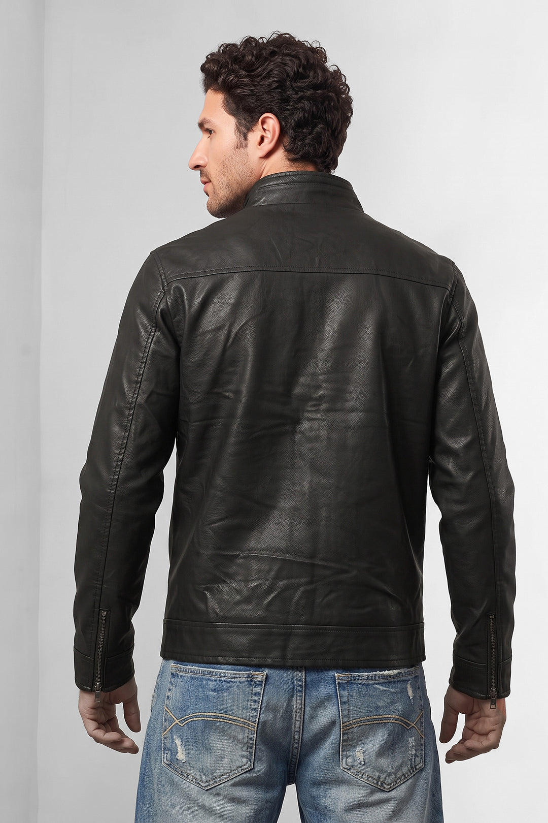 Black Faux Leather Utility Jacket Full-Zip Winter Jacket