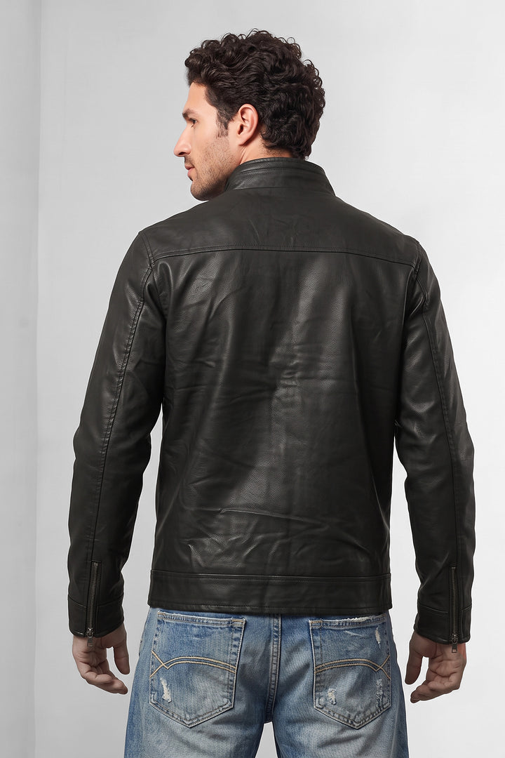 Black Faux Leather Utility Jacket Full-Zip Winter Jacket