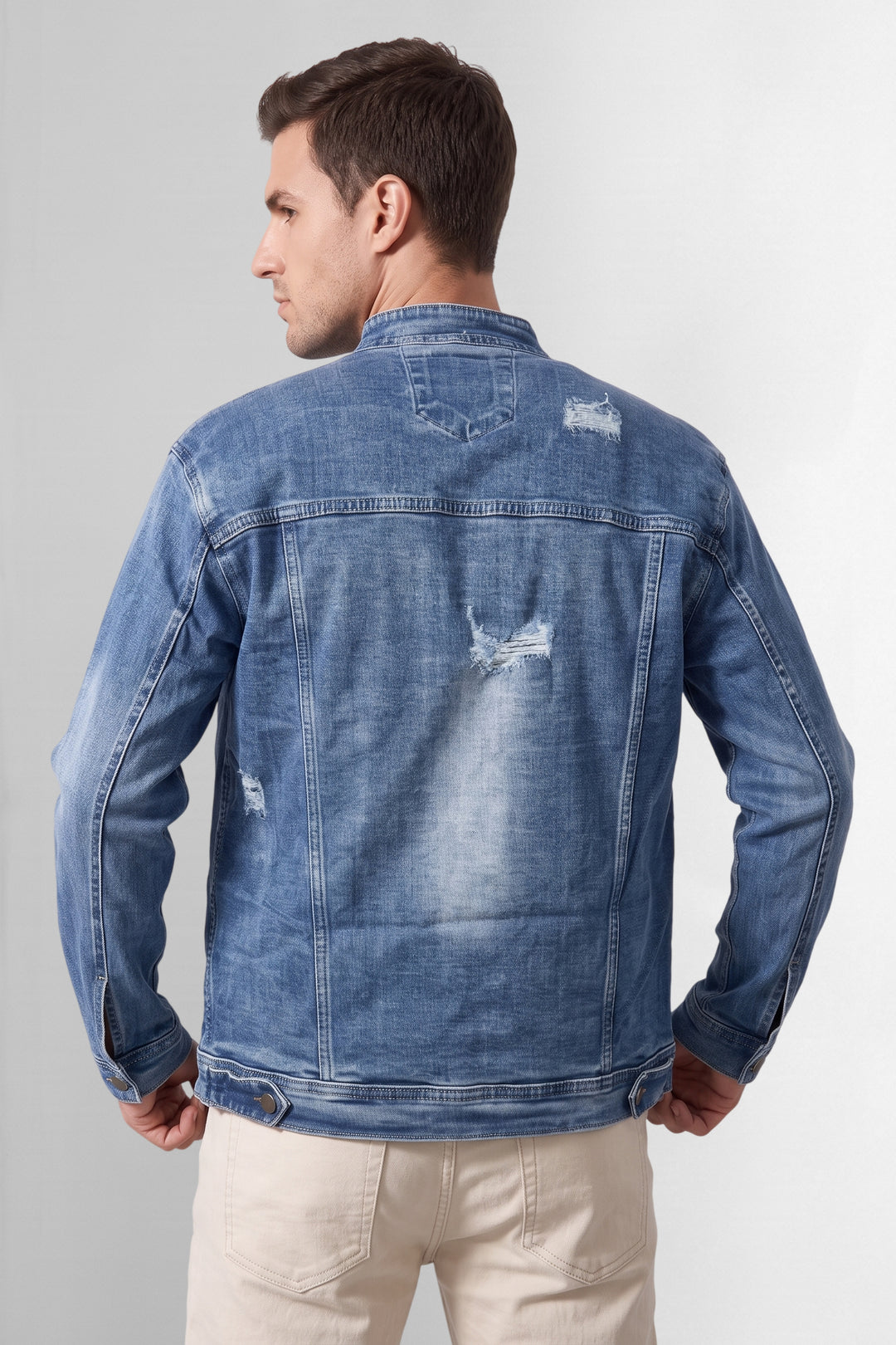 Blue Washed Denim Jacket with Stand Collar and Button Closure