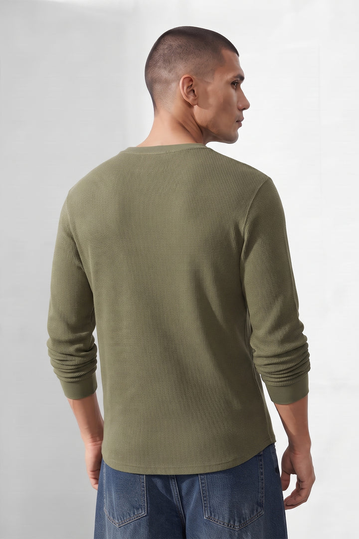 Mehandi Green Self Waffle Knit Henley T-Shirt